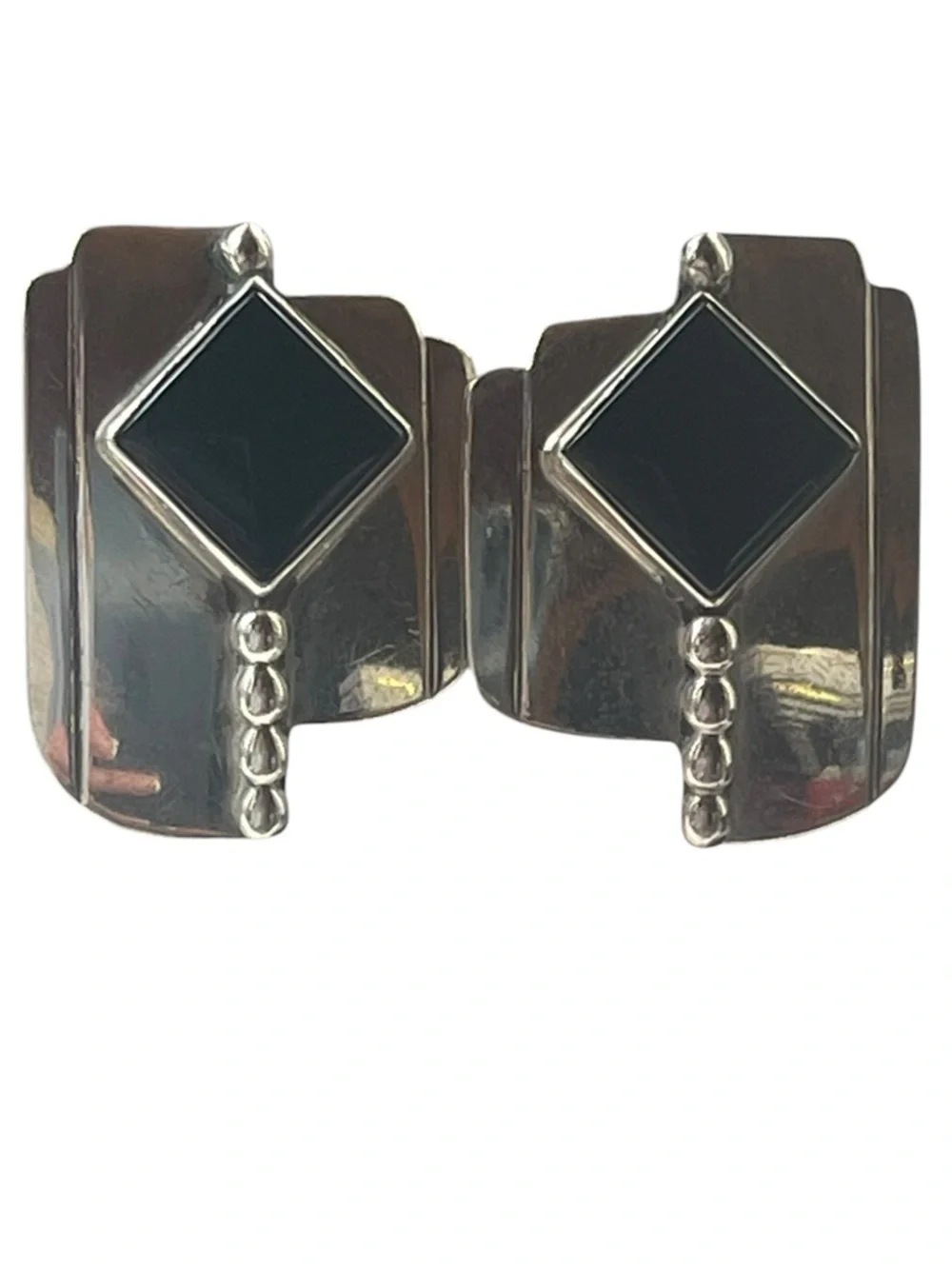 Modernist Sterling Silver Black Onyx Geometric Earrings Bold Statement